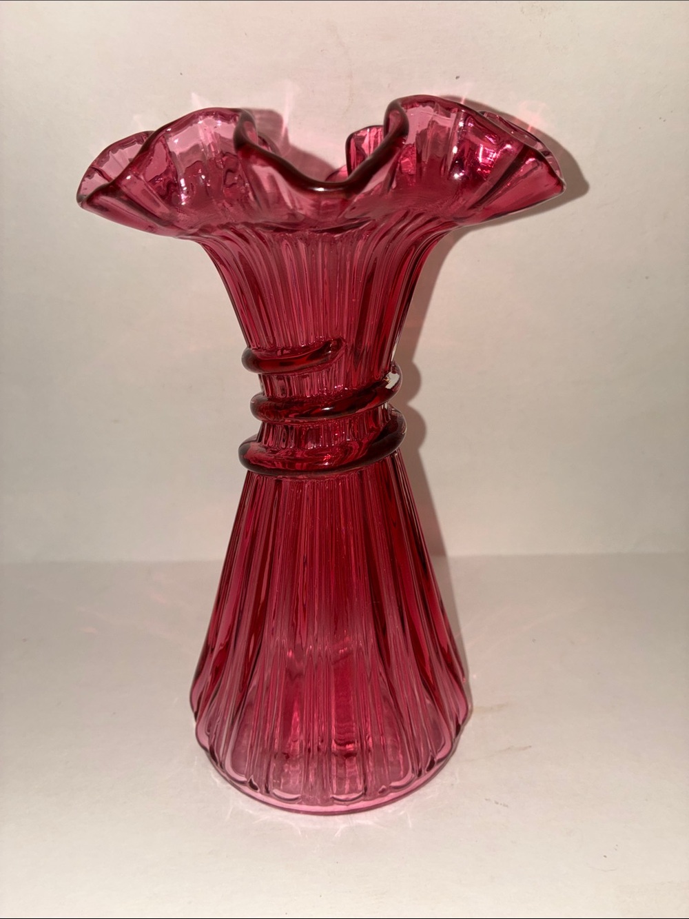 Fenton Cranberry Pink Ruffled Wheat Glass Vase